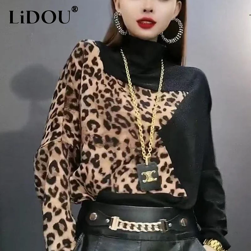 Autumn Winter Streetwear High Collar Leopard Patchwork Popularity T-shirt Female Casual Fashion All-match Pullover Top Women Tee
Autumn Winter Streetwear High Collar Leopard Patchwork Popularity T-shirt Female Casual Fashion All-match Pullover Top Women Tee