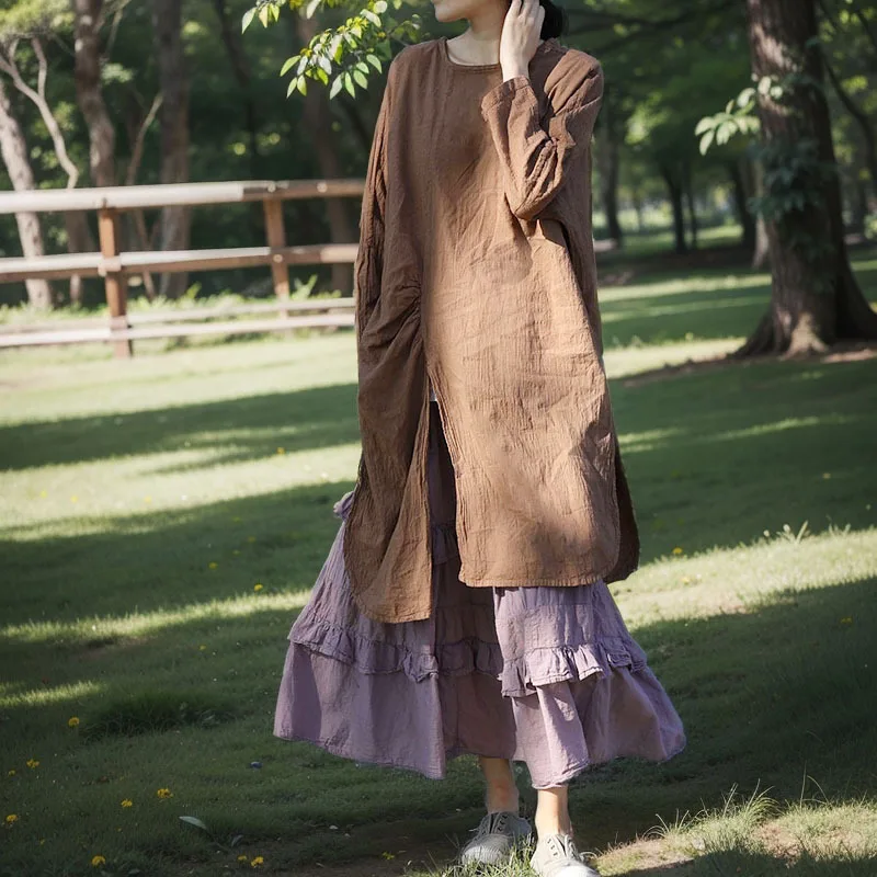

Summer Cotton Linen Khaki Dress Woman Long Sleeve O-Neck Midi Dresses Femme Vintage Loose Vestidos Casual A Line Sundress 2024