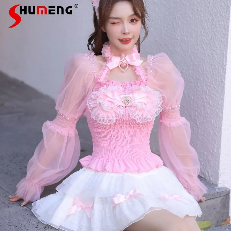 

Japanese Lolita Sweet Princess Bow Fungus Lace Love Diamond Bell Sleeve Slimming Halter Mesh Short Top Pink Color Blusas Mujer