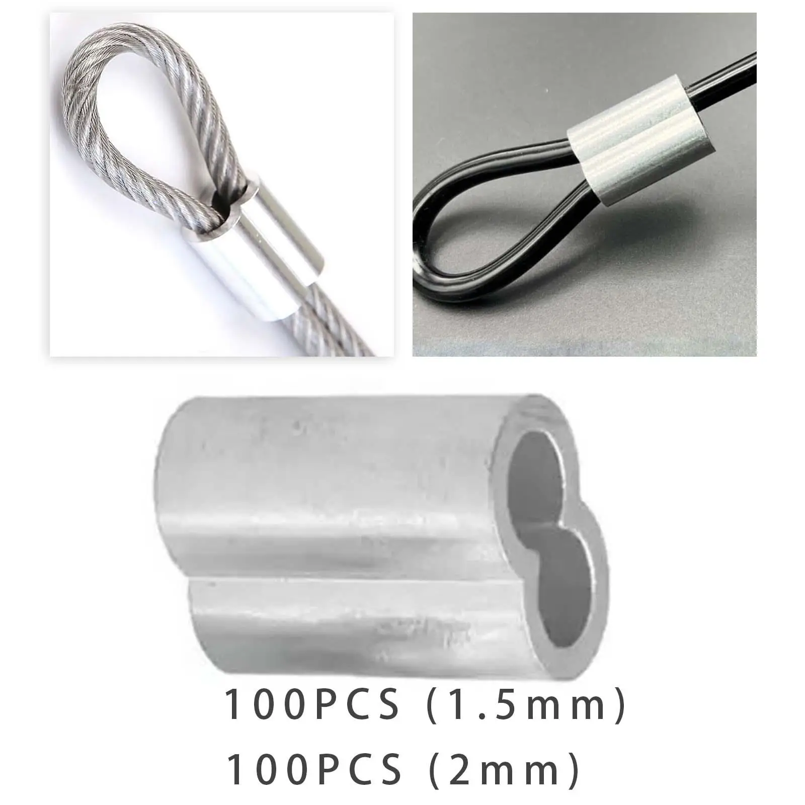 

100x Wire Rope Aluminum Sleeves Steel Wire Rope Aluminum Crimping Loop Sleeve, Clip Assortment Fittings, Fasten Cable Crimps