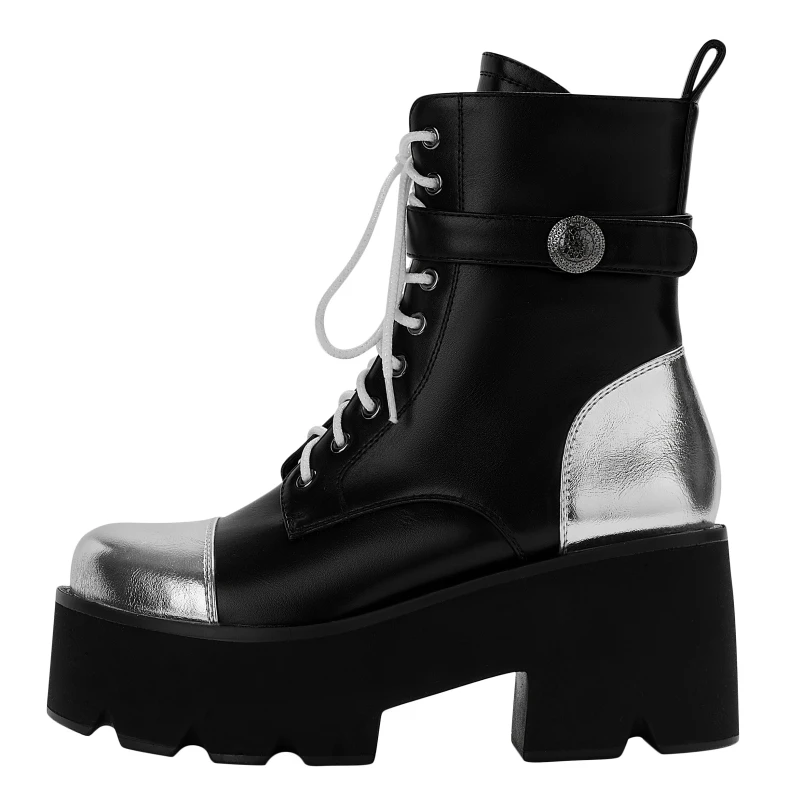 Fashion Motorcycle Boots Women's Shoes Lace Up Platform Sole Thick Heeled Round Toe Mixed Colors Black And Silver Female Booties
Fashion Motorcycle Boots Women's Shoes Lace Up Platform Sole Thick Heeled Round Toe Mixed Colors Black And Silver Female Booties