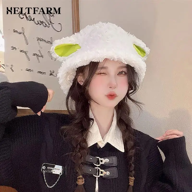 

Cute Women Lamb Wool Bucket Hat Winter Sheep Ear Plush Panama Caps For Girls Warm Faux Fur Soft Female Fisherman Sun Hats