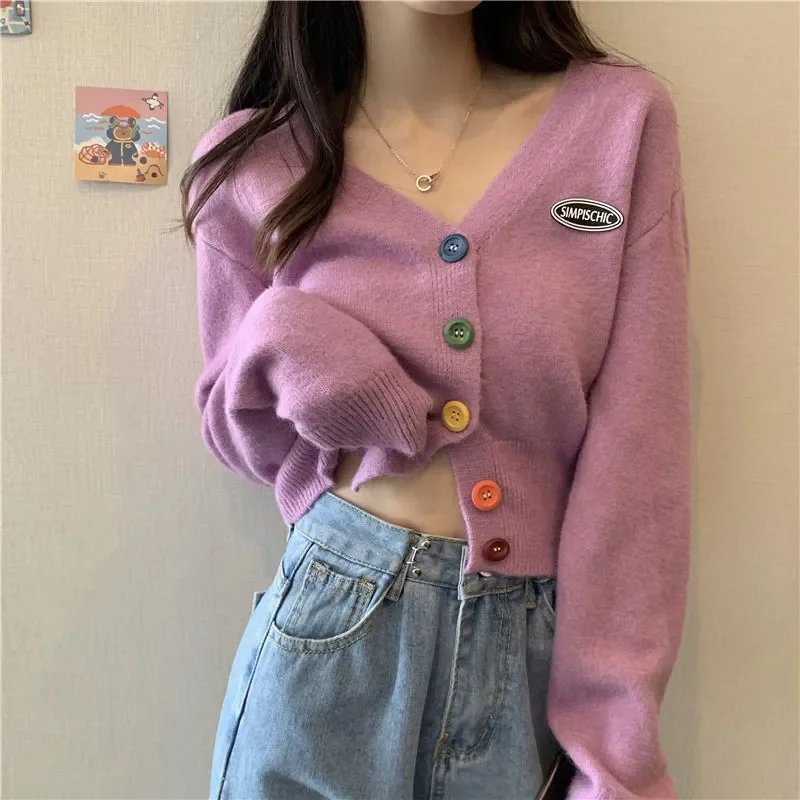 

Autumn Women New Gentle Purple Soft Wind Sweater V-neck Loose Winter Tops Korean Sweet Casual Cardigan Knitwear Indie Coat