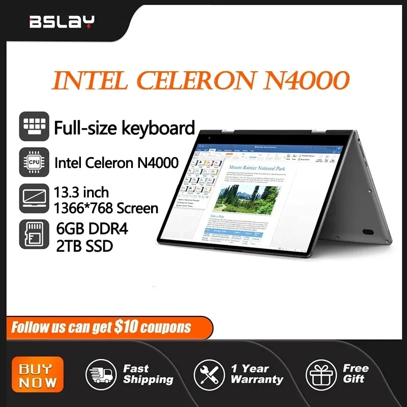 Intel Celeron N4000 13.3 Inch Laptop 360° flips 4000 mAH HD Camera 2.6 GHz Touchscreens 6GB DDR4 2TB SSD Lightweight Tablet
Intel Celeron N4000 13.3 Inch Laptop 360° flips 4000 mAH HD Camera 2.6 GHz Touchscreens 6GB DDR4 2TB SSD Lightweight Tablet