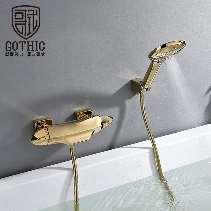 

Bathroom Tub Faucet Gold Waterfall Spout Mixer Tap with Hand Shower Wall Mounted Hot and Water Bath Faucet Bathtub Faucet G81706