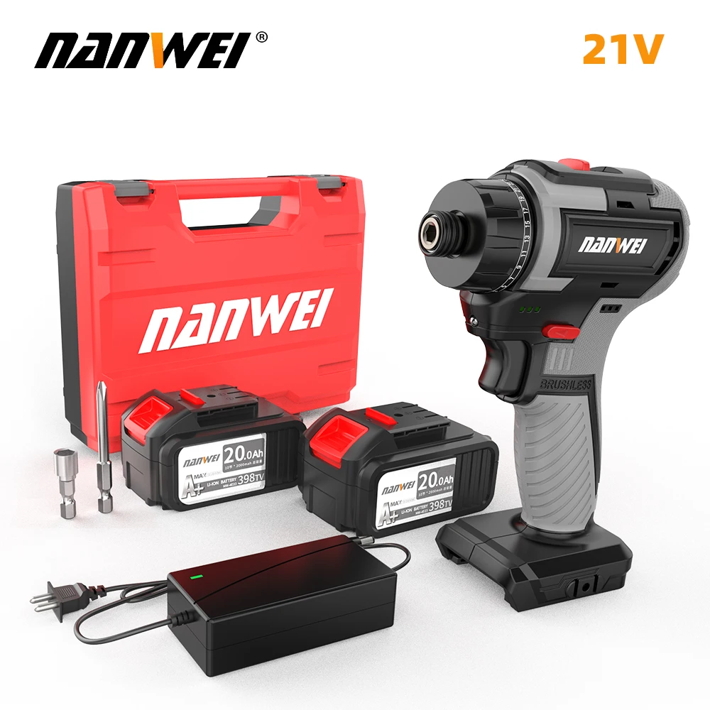 

Nanwei 21V Brushless Li-ion Battery Dual Speed Screwdriver Household Electric Screwdriver Cordless Drill Screwdriver