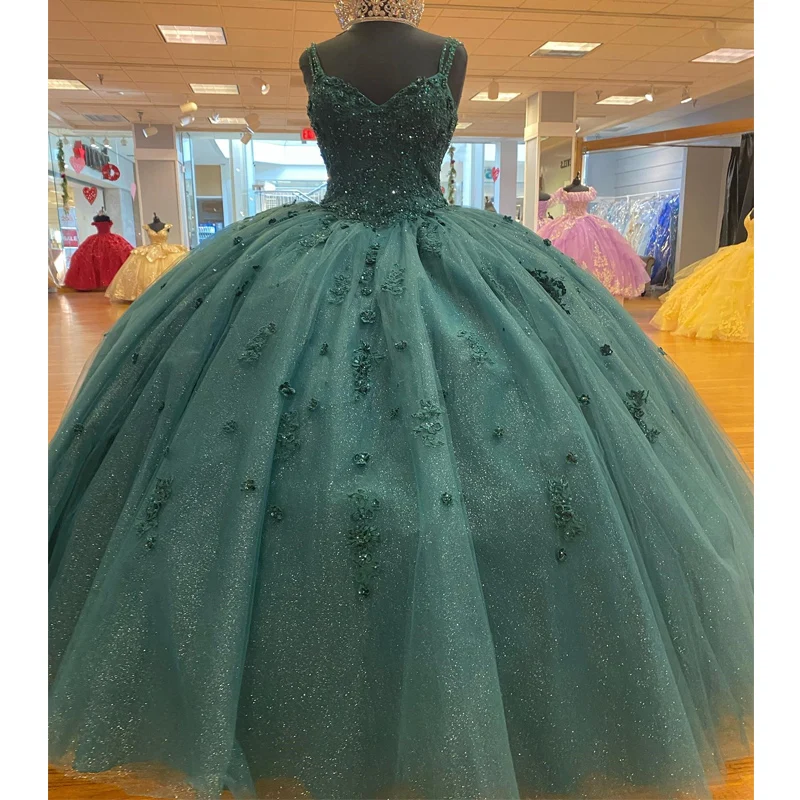Blackish Green Shiny Sexy Spaghetti Strap Princess Ball Gown Quinceanera Dresses Flowers Appliques Luxury Vestidos De 15 Anos Co
Blackish Green Shiny Sexy Spaghetti Strap Princess Ball Gown Quinceanera Dresses Flowers Appliques Luxury Vestidos De 15 Anos Co