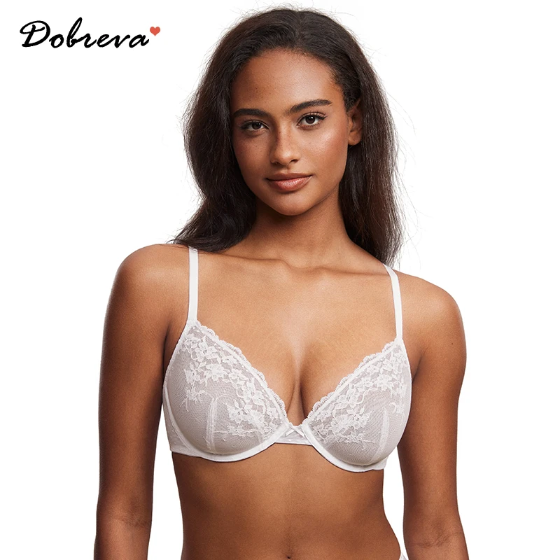 

DOBREVA Women's See Through Lace Bra Sexy Plus Size Plunge Underwire Bras Unlined Sheer Mesh