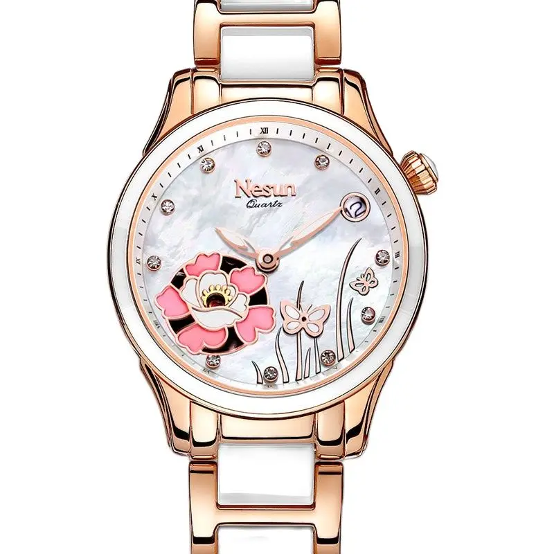 

NESUN Switzerland Luxury Brand Japan MIYOTA Quartz Women's Watches Sapphire Clock Diamond Waterproof Skeleton Moon Phase N9075-4