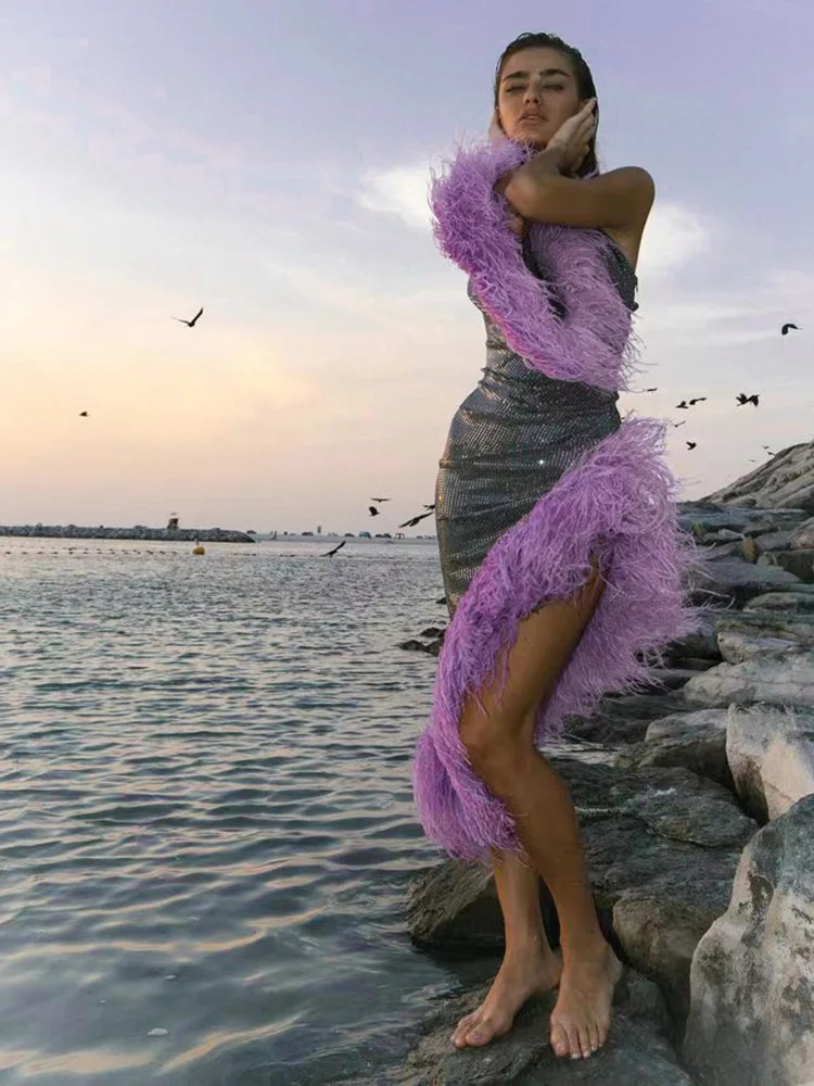 Sexy One Shoulder Long Sleeve Feather Sequin Dress Women Luxury Feathers Dress Slim Dress Celebrity Nightclub Runway Party Dress
Sexy One Shoulder Long Sleeve Feather Sequin Dress Women Luxury Feathers Dress Slim Dress Celebrity Nightclub Runway Party Dress