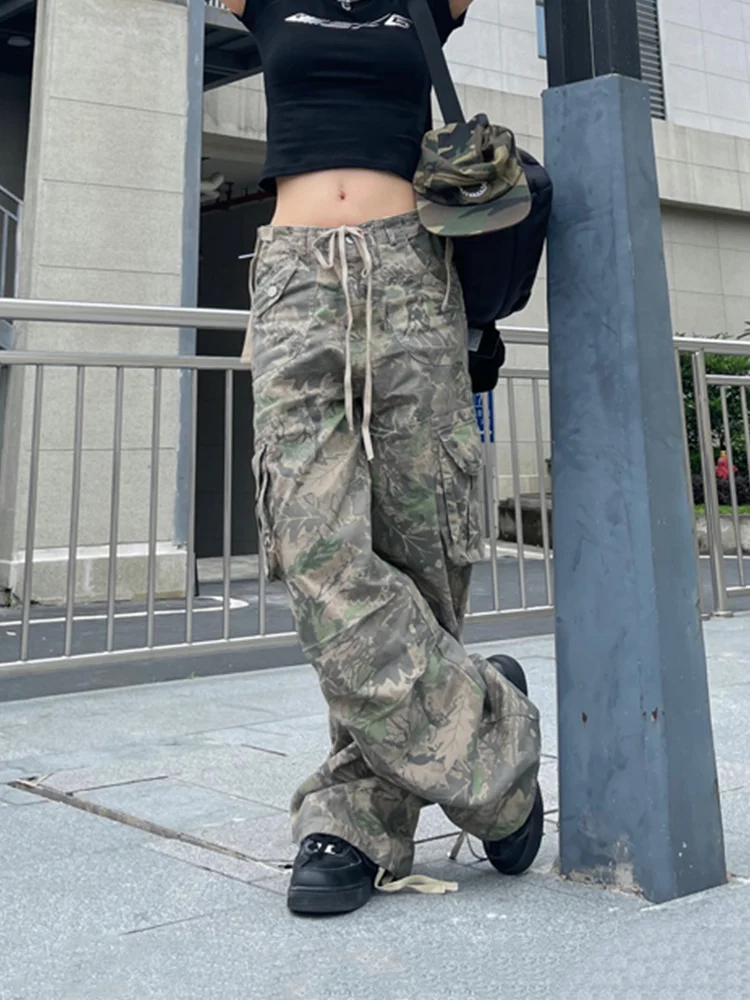 

Брюки-карго Y2K женские камуфляжные, уличная одежда, винтажные брюки с широкими штанинами, свободные камуфляжные тренировочные штаны в стиле хиппи/панк/Ретро
