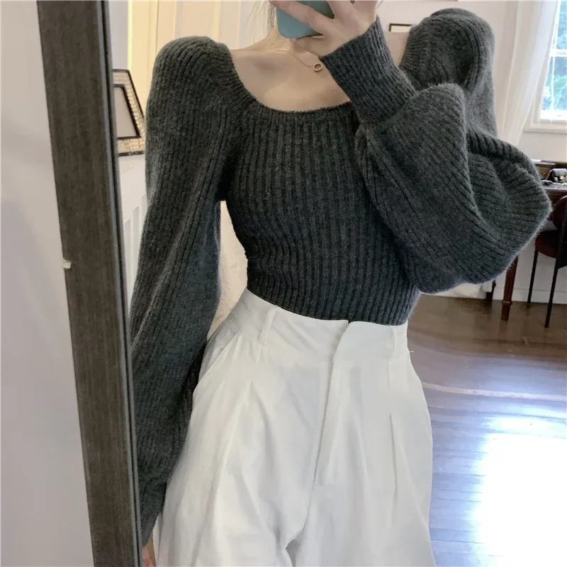 

Slim Fit Knitted Sweaters Women's Clothing Short 2024 Autumn and Winter New Square Collar Lantern Sleeve Pullover Base Smock Top