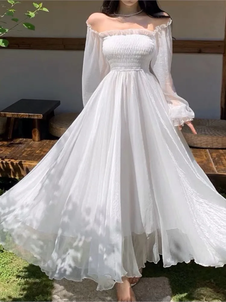 Elegant Holiday Beach Dresses Summer Women Solid White Puff Sleeve Slash Neck Off Shoulder Korean Fashion Chiffon Dresses
Elegant Holiday Beach Dresses Summer Women Solid White Puff Sleeve Slash Neck Off Shoulder Korean Fashion Chiffon Dresses