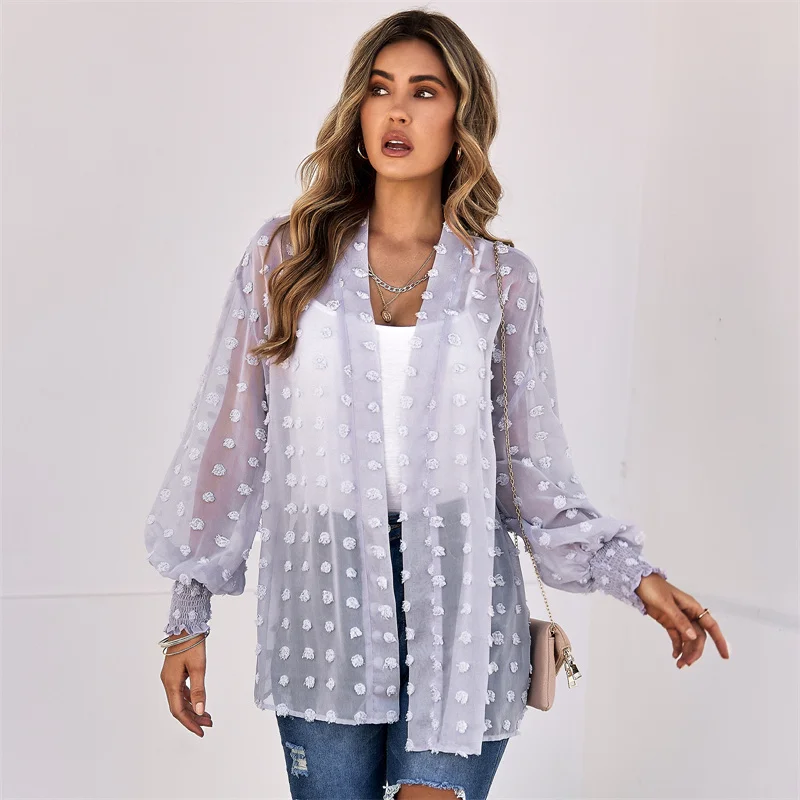 

2022 Autumn New Thin Cardigan Jacket Women's Fashion Jacquard Chiffon Tops Spring Long Sleeve Open Stitch Shirts Women Clothes