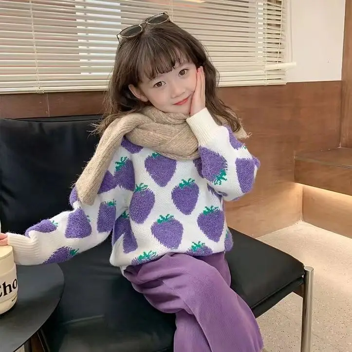 Girl's Sweater Fleece-lined Thickened Pullover Autumn Winter Purple Strawberry Pattern Korean Style Loose Sweet Knitwear
Girl's Sweater Fleece-lined Thickened Pullover Autumn Winter Purple Strawberry Pattern Korean Style Loose Sweet Knitwear