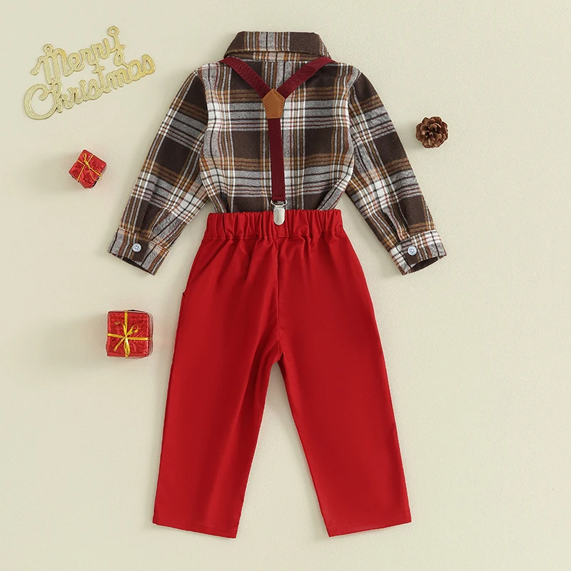 

Toddler Baby Boys Christmas Outfit Kids Long Sleeve Bow Tie Shirts Bib Suspender Pants Overalls Gentleman Clothes Suit Set