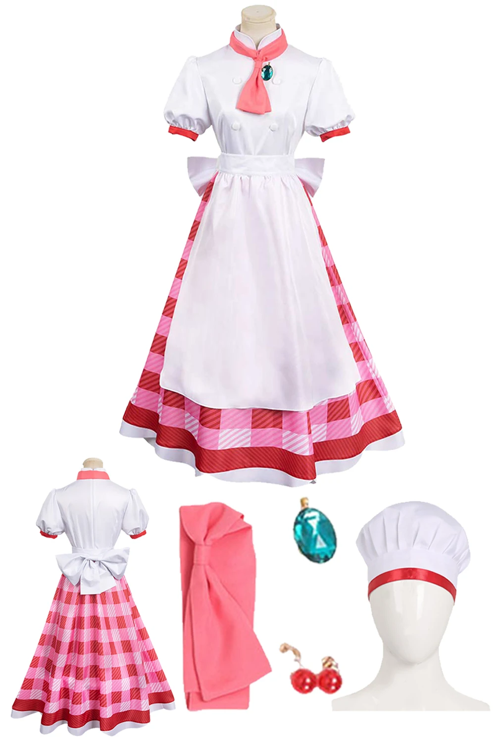 

Chef Peach Cosplay Pink Maid Dress Outfits Women Costume Anime Game Showtime Disguise Hat Set Girl Halloween Party Roleplay Suit