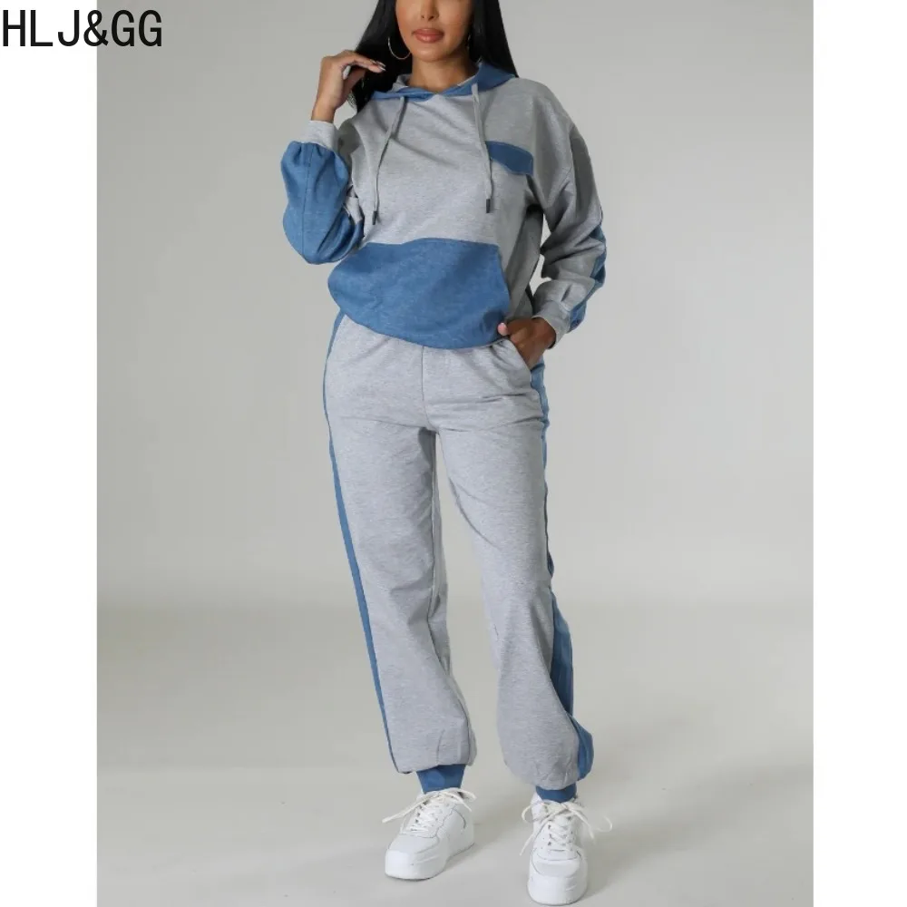 

HLJ&GG Autumn Casual Blue Splicing Hooded Tracksuits Women O Neck Long Sleeve Pocket Top And Jogger Pants Two Piece Sets Outfits