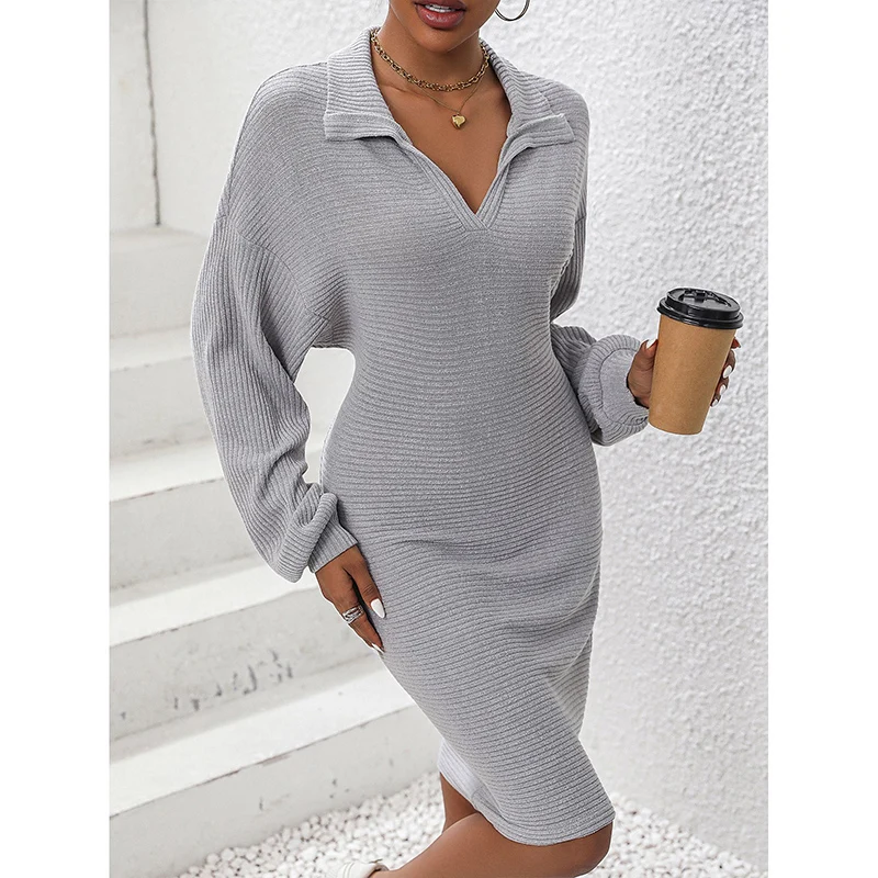 

Autumn Minimalist Elegant Fashion New Gentle Dress Women V Neck Crochet Long Batwing Sleeve Loose Casual Solid Color Midi Robes