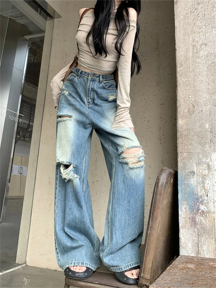 

Women's Retro Washed Distressed Thin Jeans Street Style Baggy Bottoms Vintage Young Girl Casual Trousers Female Wide Leg Pants