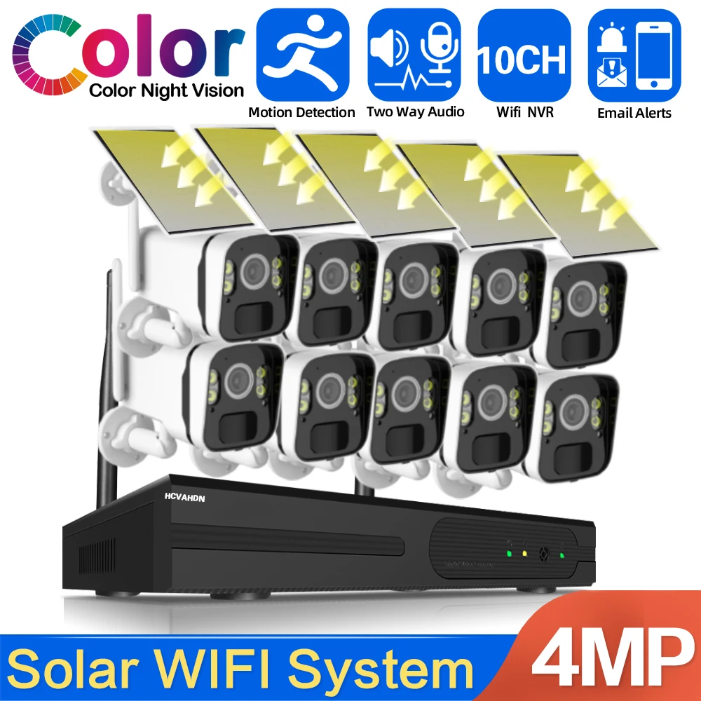 

4MP Solar Battery 10CH Security Wireless CCTV Cameras System Remote Monitoring Wifi NVR Kit P2P IP Bullet Camera System Set 8CH