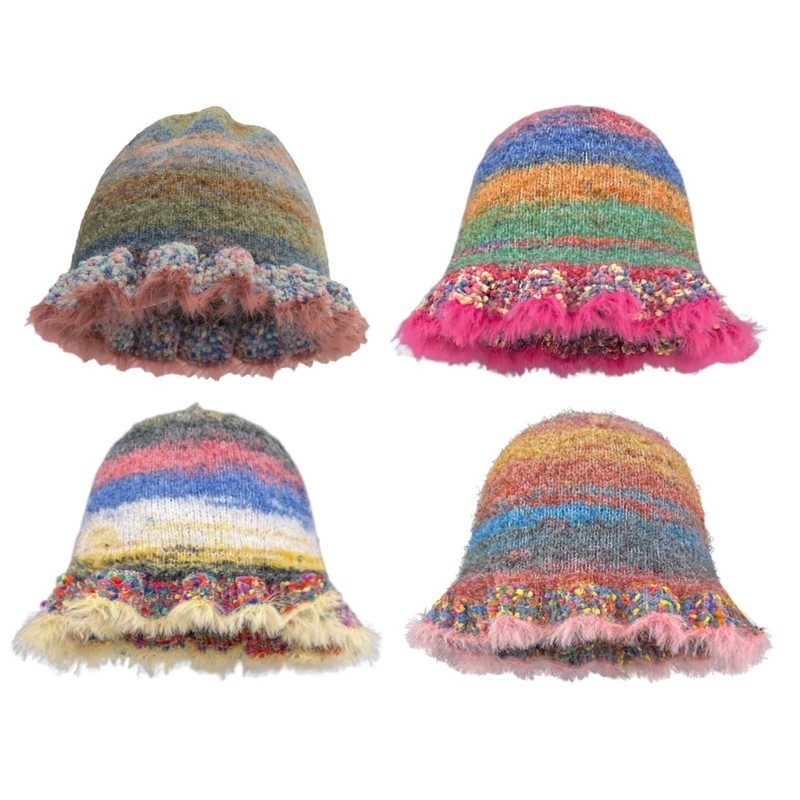 

Handmade Knit Striped Bucket Hat for Woman Weaving Striped Plush Floppy Bucket Hat Adult Teens Winter Fisherman Cap