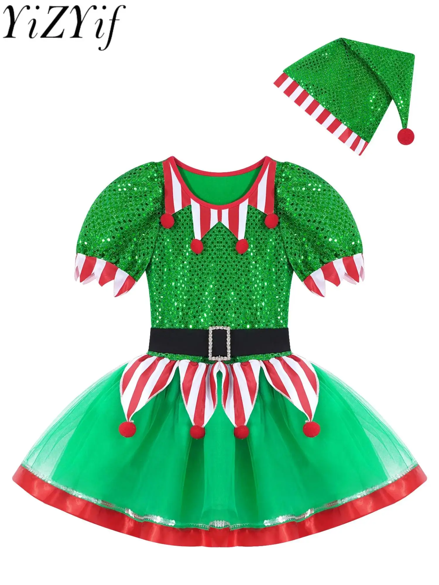 

Kids Girls Christmas Elf Costume Holiday Xmas Sequins Pompoms Adorned Fancy Party Mesh Tutu Dance Dress with Hat for New Year