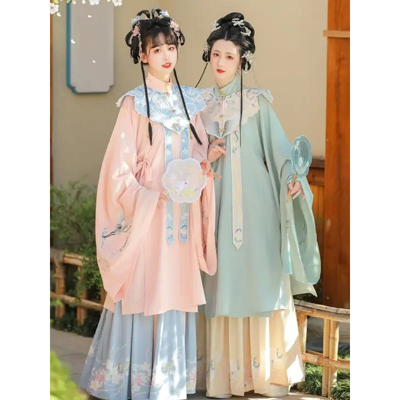 

Hanfu Female Chinese Style Ming Dynasty Cloud Shoulder Stand Collar Long Shirt Pleated Dress Ancient Costume Fairy Elegant Suit