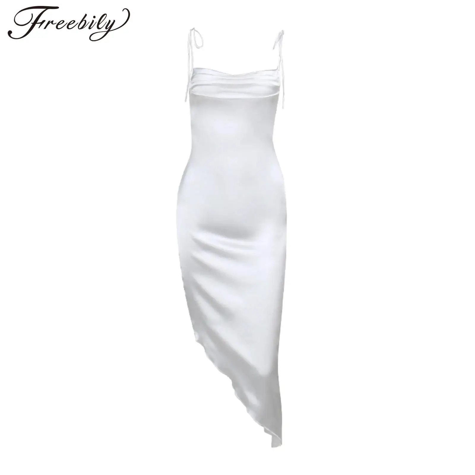 Sexy Womens Satiny Midi Sling Dress Spaghetti Straps Asymmetrical Hem Bodycon Dress for Cocktails Party Gown
Sexy Womens Satiny Midi Sling Dress Spaghetti Straps Asymmetrical Hem Bodycon Dress for Cocktails Party Gown