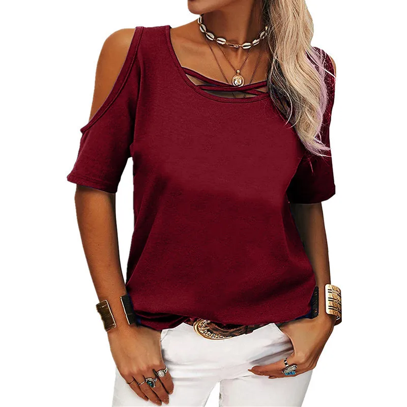 

2023 Spring and Summer New Fashion Casual Hollow Shirt Solid Color Strapless Loose Short-sleeved T-shirt Female
