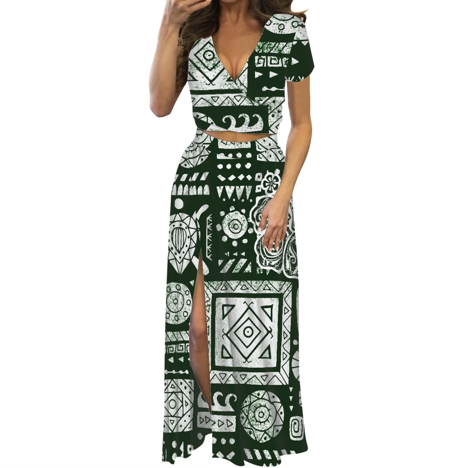 

Dress Short Sleeved Dress High Slit Casual Dress Sexy V-neck Summer Polynesian Tribal Print Ladies Must Have For Office Travel