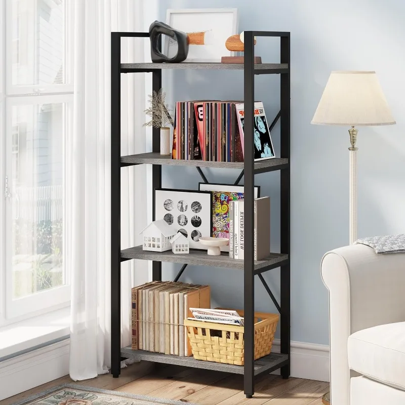 

BON AUGURE Industrial 4 Tier Bookshelf, Modern Open Etagere Bookcase, Wood Metal Book Shelves for Living Room, Bedroom