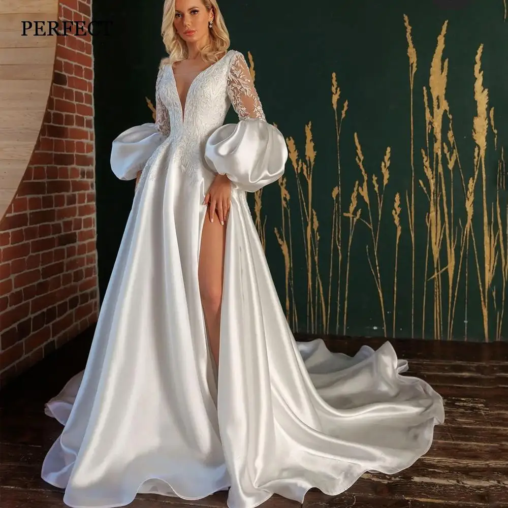 PERFECT Unique V-Neck A-Line Wedding Dresses Lantern Sleeves Backless Bridal Gowns High Side Split Robe De Mariée Custom Made
PERFECT Unique V-Neck A-Line Wedding Dresses Lantern Sleeves Backless Bridal Gowns High Side Split Robe De Mariée Custom Made
