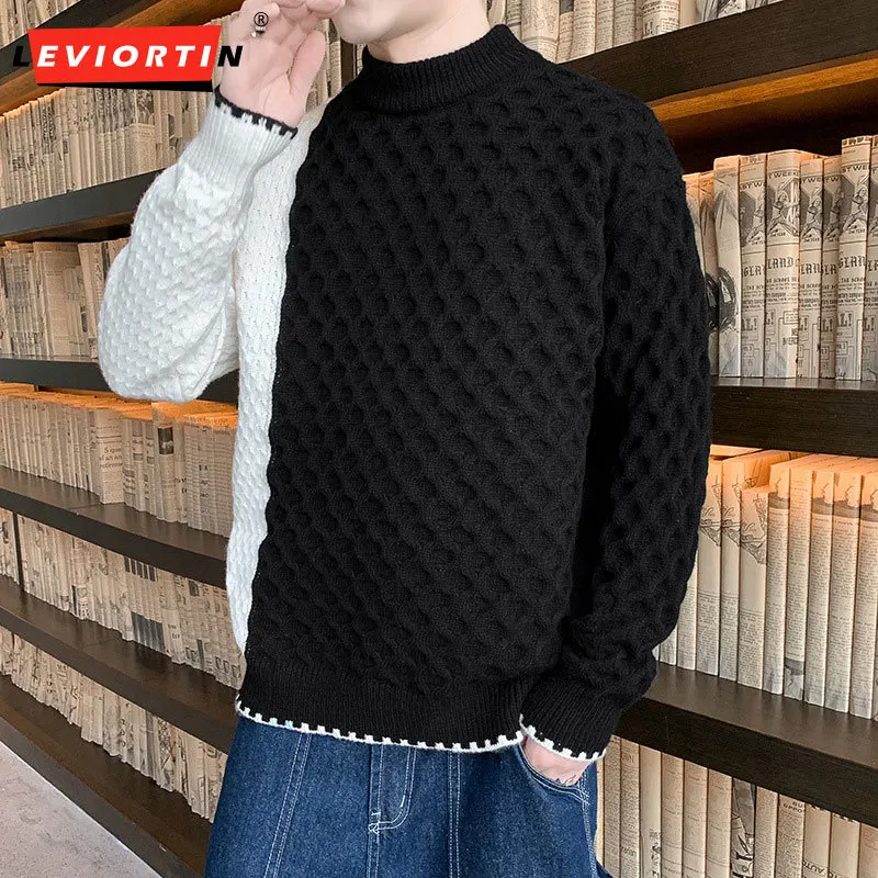 

2023 Autumn New Colored Twisted Half High Collar Sweater for Men and Japanese Loose Youth Casual Knitted Pullover Trend M-3XL