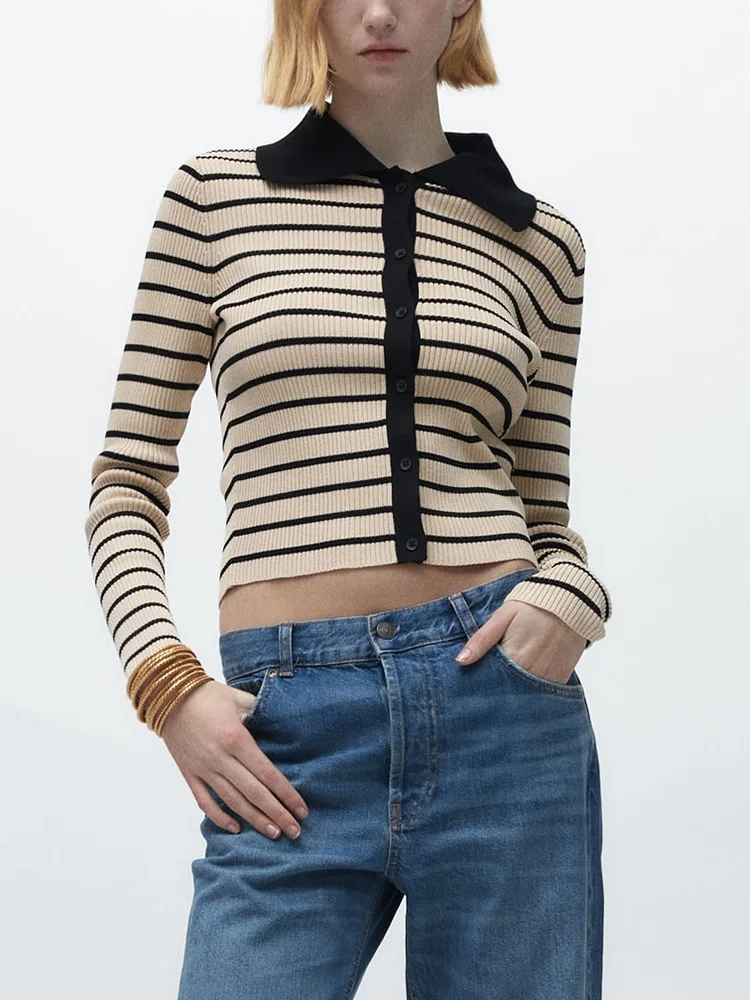 

Ribbed Knitted Cardigans For Women 2023 Slim Fit Striped Polo Cardigan Long Sleeve Top Lapel Collar Cropped Cardigan Sweater