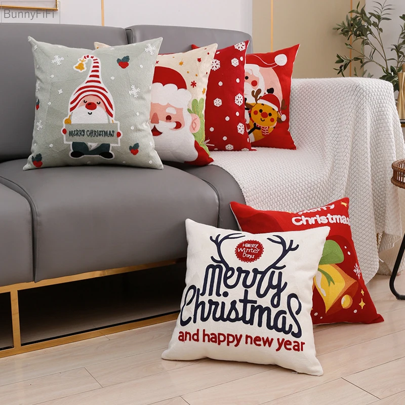 

Santa Christmas Décor Cushion Deer Cover Snowflake Pillowcase Cotton Square Embroidery Pillow Cover 45x45cm Sofa Bed Living Room