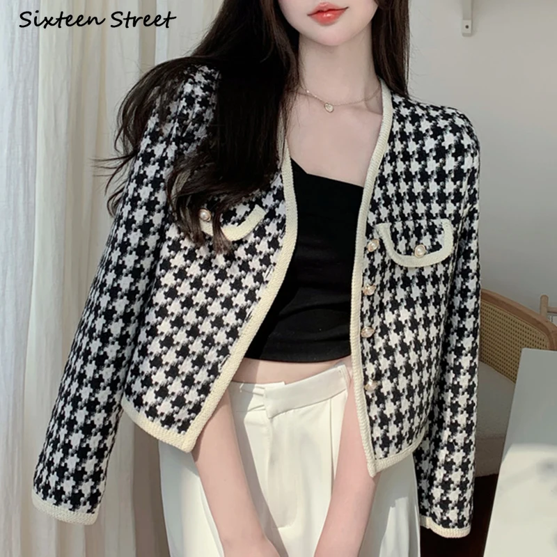 

Vintage Houndstooth Jacket Women Tweed 2023 Autumn V-neck Business Elegant Cropped Coat Female Winter Street Cardigan Breasted