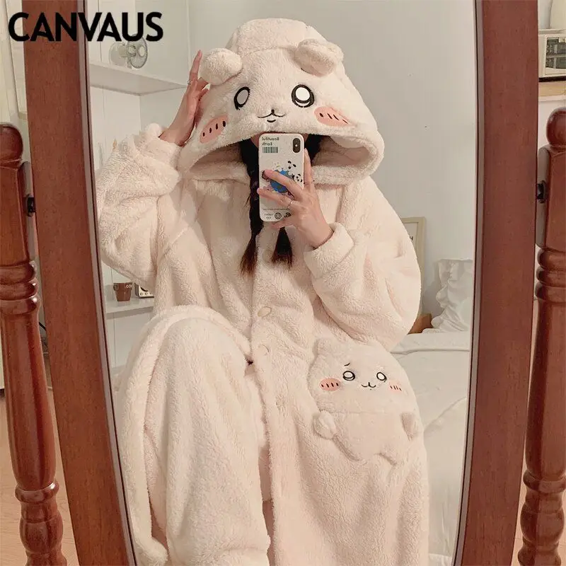 Lovely Chiikawa Cartoon Winter Home Wear Set Nice Look Fleeced and thickened Coral Velvet Hooded Pajamas and Pants for Women
Lovely Chiikawa Cartoon Winter Home Wear Set Nice Look Fleeced and thickened Coral Velvet Hooded Pajamas and Pants for Women