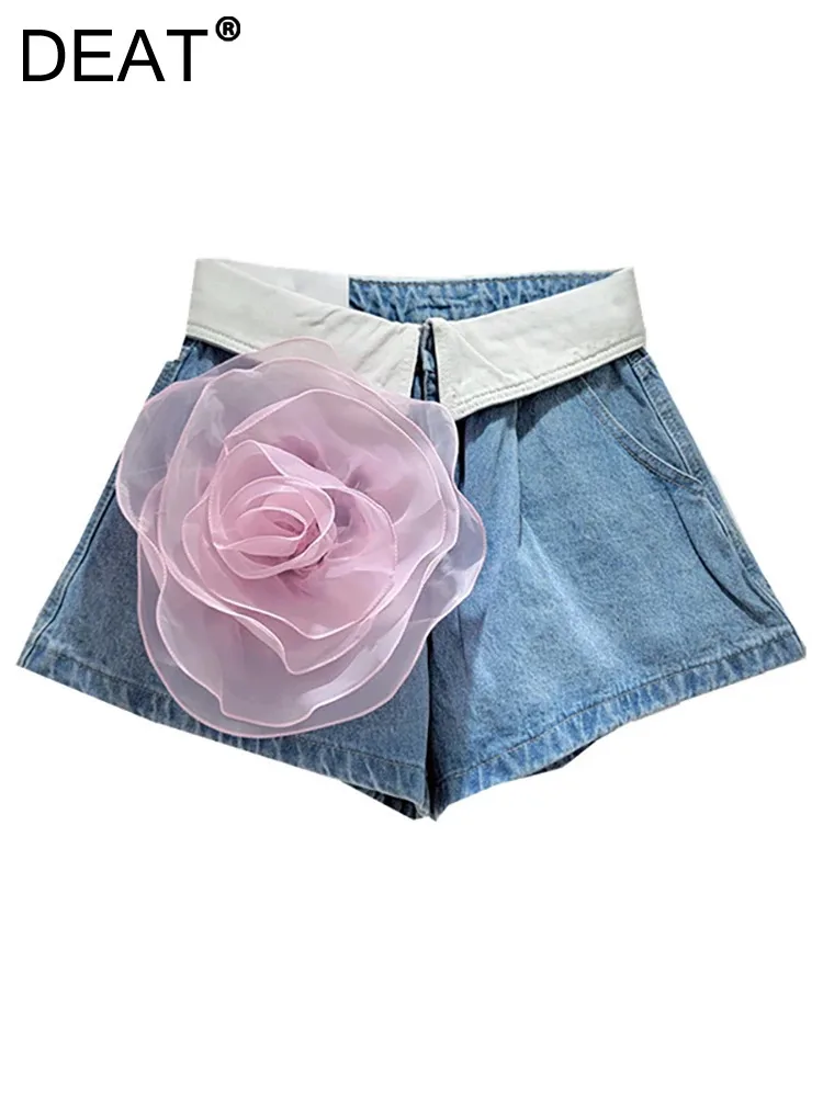 

DEAT Women's Denim Shorts Contrast Color Spliced Flower Design High Waist Wide Leg Short Pants 2024 Summer New Fashion 29L7231