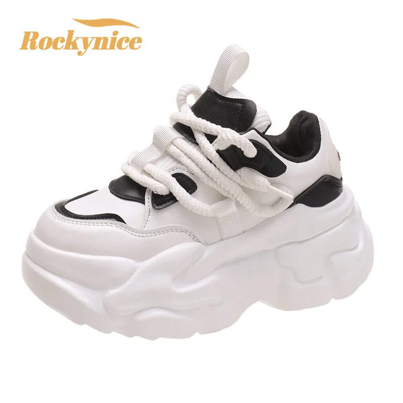 

Women High Platform Casual Leather Shoes New Autumn Lace-up Chunky Sneakers 7CM Wedges Hidden Heels Leisure White Shoes Woman