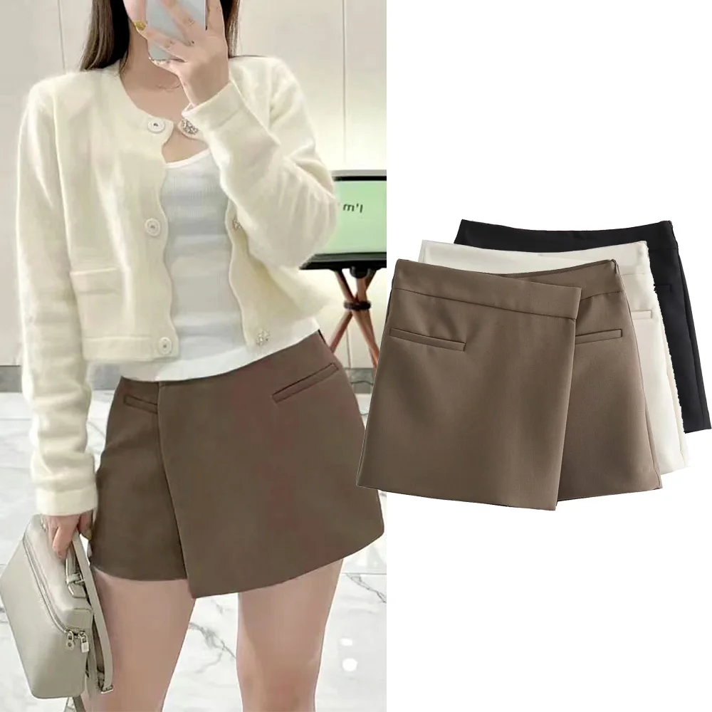 

TRAF Fashion Asymmetric Front Soild Shorts Female High Waist Side Hidded Zipper Culottes New Beige Brown Black Short For Woman