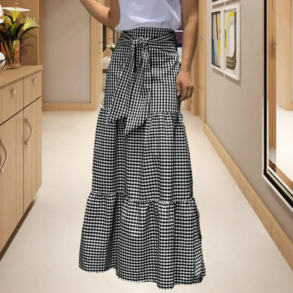 

Женская длинная юбка в клетку, длинная Плиссированная Юбка-макси с высокой эластичной талией, а-силуэт, с завязкой, в стиле пэчворк
