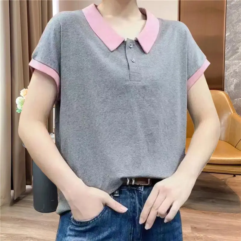 Summer New Contrast Color Pullovers Polo-Neck Button Spliced Short Sleeve T-shirt Elegant Loose Casual Work Wear Women's Tops
Summer New Contrast Color Pullovers Polo-Neck Button Spliced Short Sleeve T-shirt Elegant Loose Casual Work Wear Women's Tops