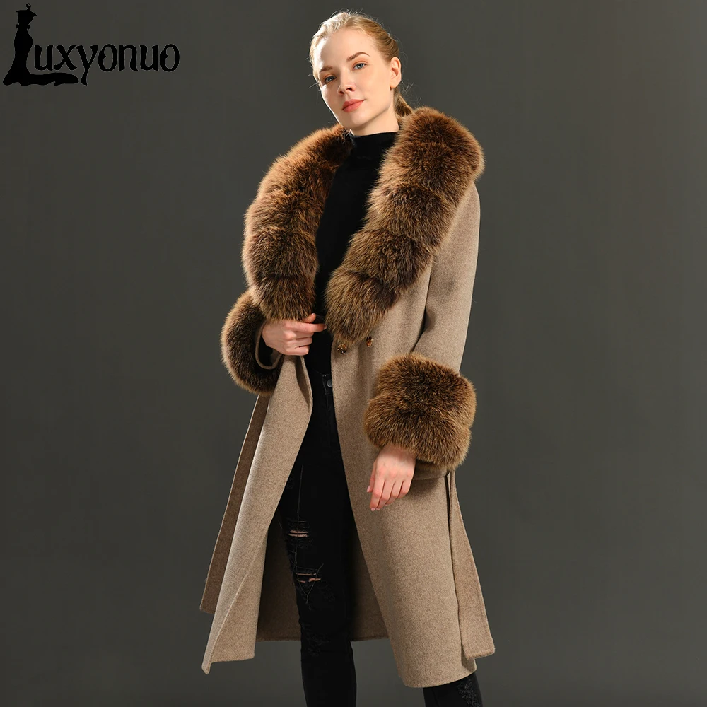 Женское шерстяное кашемировое пальто Luxyonuo с воротником из натурального Лисьего меха и манжетами, облегающее Элегантное длинное пальто с поясом, женская зимняя верхняя одежда
Женское шерстяное кашемировое пальто Luxyonuo с воротником из натурального Лисьего меха и манжетами, облегающее Элегантное длинное пальто с поясом, женская зимняя верхняя одежда