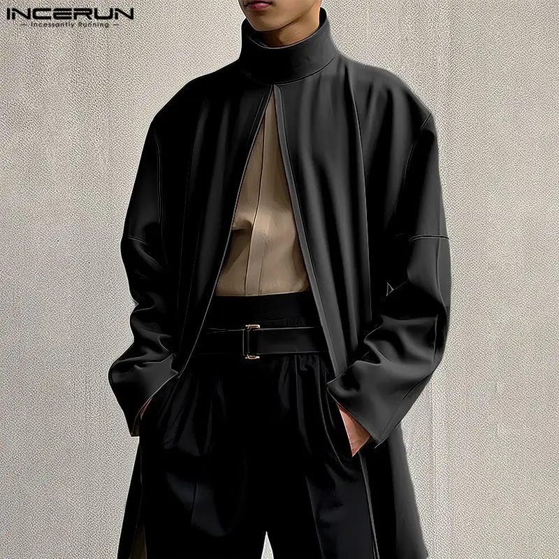 

INCERUN Men Cloak Coats Solid Color Turtleneck Long Sleeve Casual Trench Men Streetwear Loose 2024 Open Stitch Fashion Ponchos