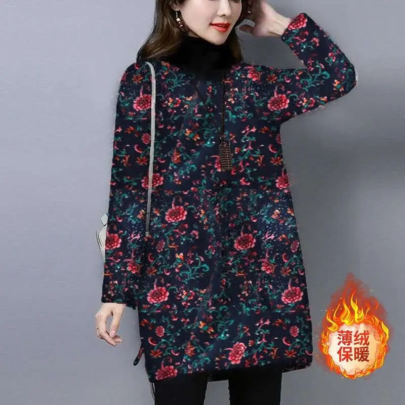 Autumn Winter High Collar Vintage Floral Printing Casual Fashion Pullover Tee Female Oversized Add Plush All-match T-shirt Women
Autumn Winter High Collar Vintage Floral Printing Casual Fashion Pullover Tee Female Oversized Add Plush All-match T-shirt Women