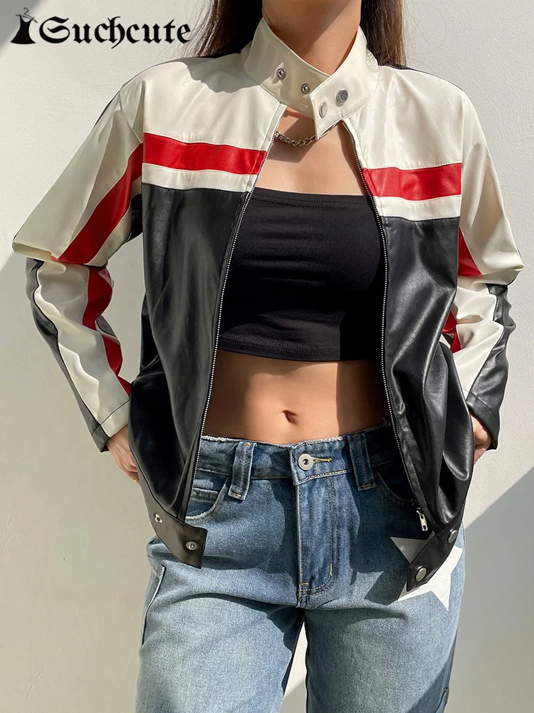 Motorcycle Contrast Stripe Print Leather PU Jackets Punk Style O Neck Jacket Zip Up Moto & Biker Women Street Clothes
Motorcycle Contrast Stripe Print Leather PU Jackets Punk Style O Neck Jacket Zip Up Moto & Biker Women Street Clothes