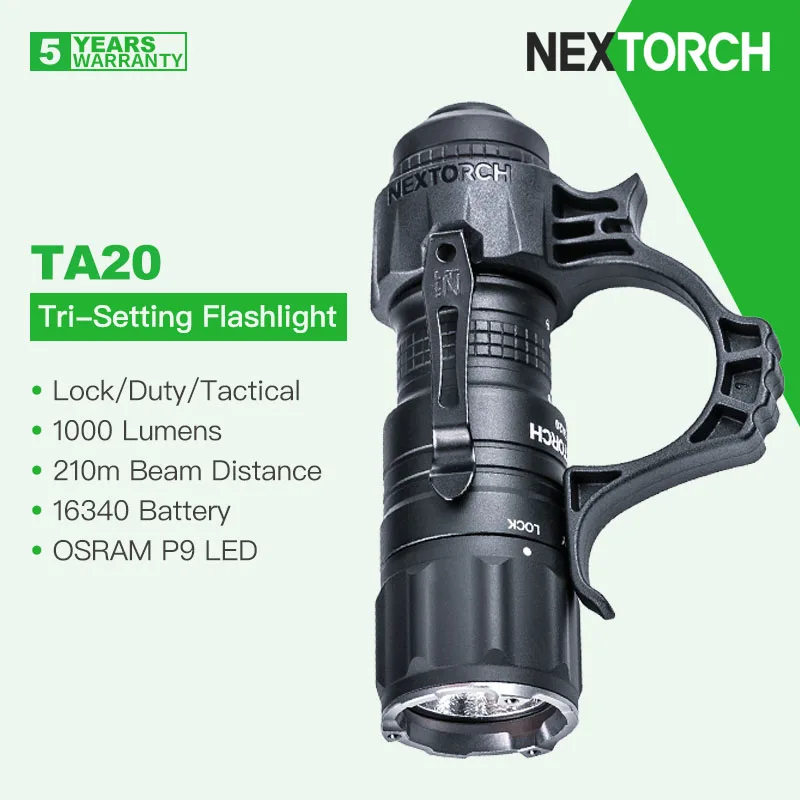 

Nextorch TA20 Powerful Compact Lock/Duty/Tactical Flashlight Tri-Setting,1000 Lumens 210m Beam,16340 Battery Type-C Rechargeable