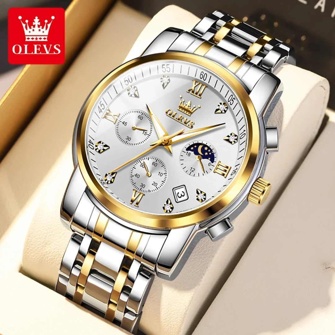 

OLEVS 2858 Quartz Fashion Watch Gift Stainless Steel Watchband Round-dial Moon Phase Chronograph Calendar