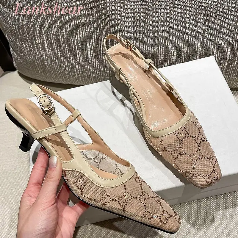 Women Luxury Desigen Women Slingback Sandals Pumps Square Toe High Heel Presented Black Mesh with Crystals Sparkling Shoes
Women Luxury Desigen Women Slingback Sandals Pumps Square Toe High Heel Presented Black Mesh with Crystals Sparkling Shoes